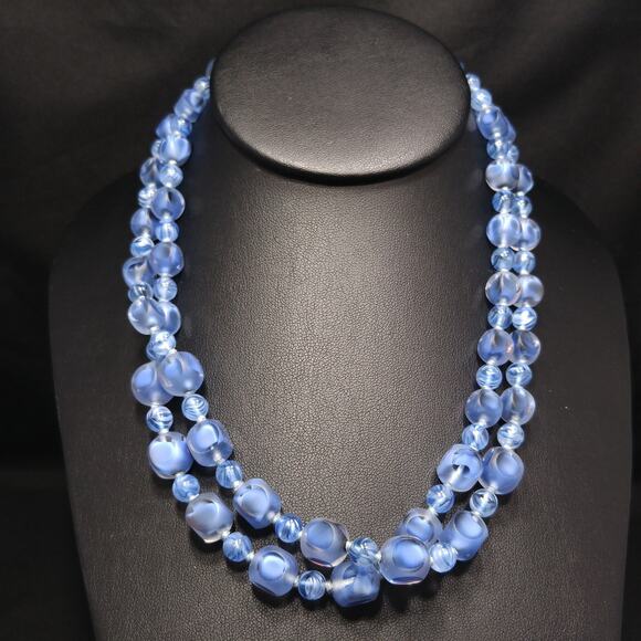 Vintage 1950s Blue Glass Beaded Necklace Double Strand Square Round Beads 18" - Picture 1 of 10